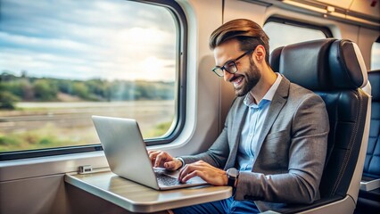A freelancer sending emails while traveling by train or airplane