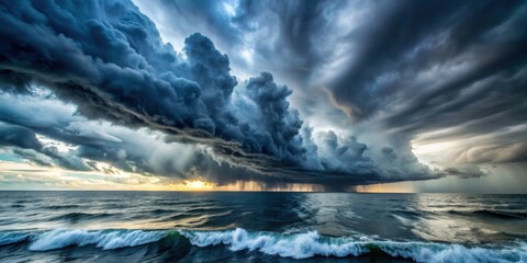 Fototapeta premium Dramatic storm clouds gathering over a turbulent sea, storm, sea, clouds, weather, nature, powerful, dramatic, dark, waves