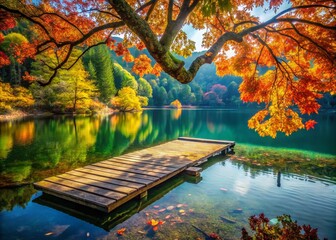 Nature's Transition: Serene Floating Platform with Tree Shedding Leaves and Lush Green Plants Capturing Autumn's