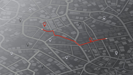 Route on the map to pin. City street map with various points of interest. GPS tracking system to navigate and find way around the city landmarks, directions to different locations. Vector illustration