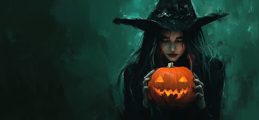 Witch Girl and Pumpkin. Mysterious Halloween Theme. Background image Neo Art HD Print v2 10