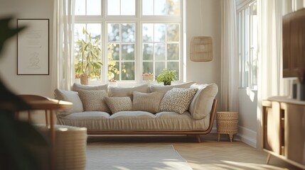 Modern living room interior design with beige sofa, natural light and wooden furniture.