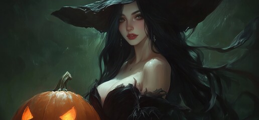 Witch Girl and Pumpkin. Mysterious Halloween Theme. Background image Neo Art HD Print v2 8