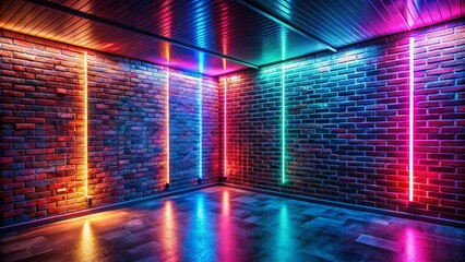 Neon Brick Wall Room with Vibrant Lights - Panoramic Photography