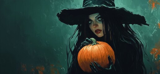 Witch Girl and Pumpkin. Mysterious Halloween Theme. Background image Neo Art HD Print v2 5