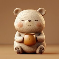 Cute Cartoon Bear Holding Honey Pot with Smiling Face, Brown Background.