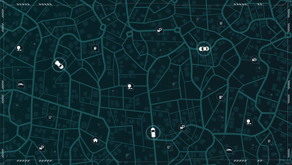 Abstract GPS navigation, smart car location and map pointer. City map featuring directional signs, an intended goal point and multiple markers. Vector illustration with route, alternative paths.