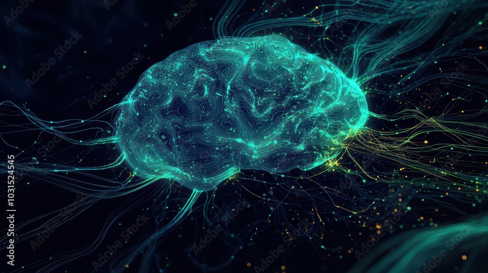 Poster abstract brain with glowing lines and connections - neural network concept.