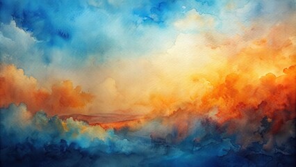 Obraz premium Moody watercolor painting with warm orange and cool blue tones on paper texture , abstract, artistic, blend, watercolor, painting