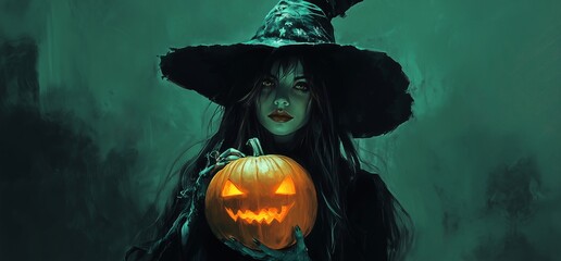 Witch Girl and Pumpkin. Mysterious Halloween Theme. Background image Neo Art HD Print v2 2