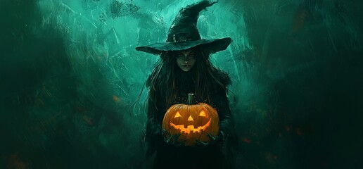 Witch Girl and Pumpkin. Mysterious Halloween Theme. Background image Neo Art HD Print v2 1