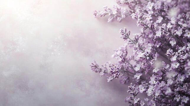 Soft palette of light lavender and white with delicate arabesque flowers filling the right side Space for text is available on the left offering a calm and modern take on Ramadan greetings