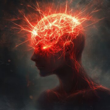 Intense Red Energy Eruption From Human Head - Surreal Abstract Art Concept.