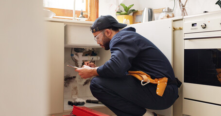 Plumbing, house and handyman with clipboard, maintenance or service with contractor. Employee,...