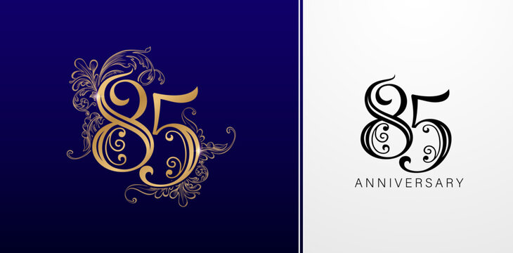 85 years anniversary celebration logotype with golden colors and floral elements for greeting cards, birthday invitations, Wedding anniversary,  banner and celebration company or business corporate
