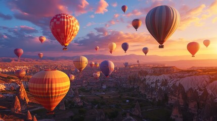 Naklejka premium Hot Air Balloon Ride Over Cappadocia, Turkey at Sunset.
