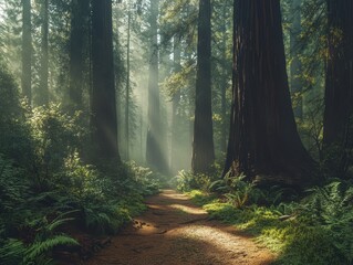Obraz premium Sunbeams Through Tall Redwood Trees in Foggy Forest with Path - Redwood National Park, California.