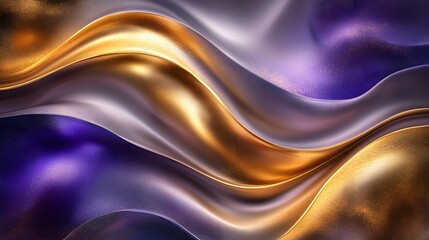 Fototapeta premium Flowing metallic waves of gold and purple, sharp highlights, 3D surrealist background, smooth and glossy, futuristic tone, high resolution