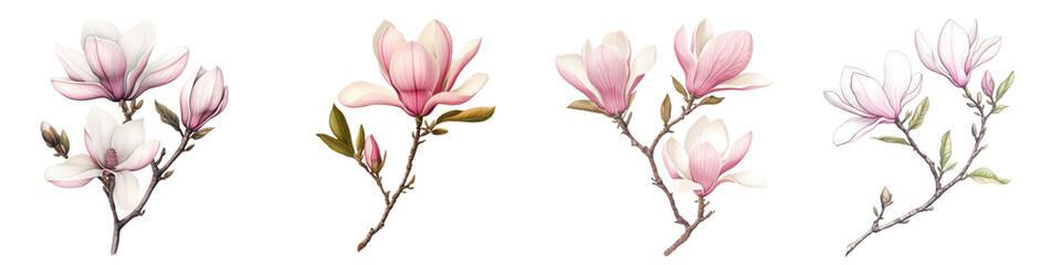 Fototapeta premium Vibrant and delicate magnolia flowers blooming in soft pink and white shades on lush and green branches creating a serene and romantic natural backdrop