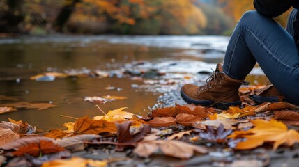 Autumn Leisure by River with Colorful Leaves