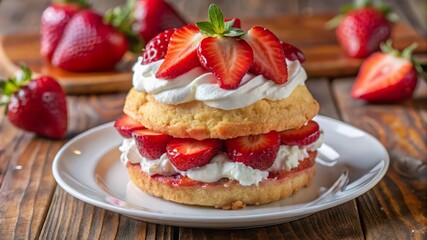 Deliciously layered strawberry shortcake topped with fresh berries and whipped cream on a rustic wooden table