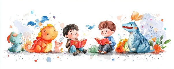 Naklejka premium Inspiring storytime with fantasy creatures, kids imagining magical worlds, flat design illustration