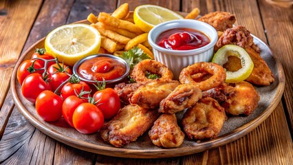 Delicious sticky glazed chicken wings and crispy fried batter served with fresh vegetables and fries on a wooden table
