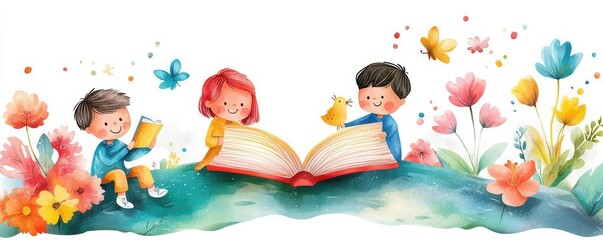 Inspiring storytime with fantasy creatures, kids imagining magical worlds, flat design illustration