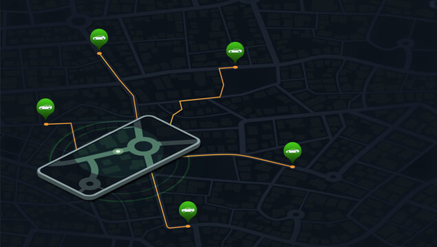 Internet cab car service in smartphone application. Ordering taxi online with mobile phone app nearby to your location. City map and taxi car. Vector illustration