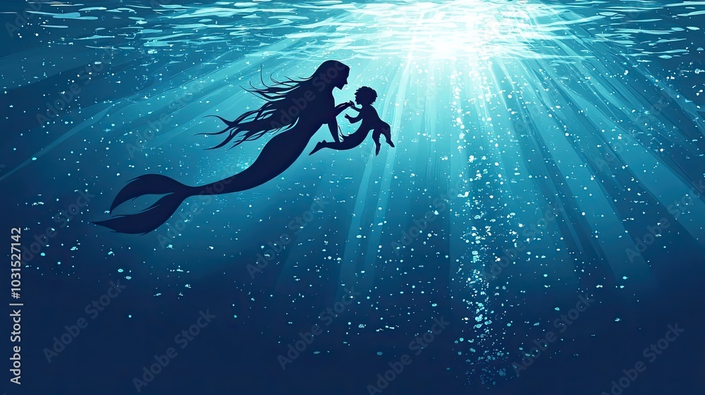 Wall mural Silhouette of a Mermaid Holding a Child Underwater