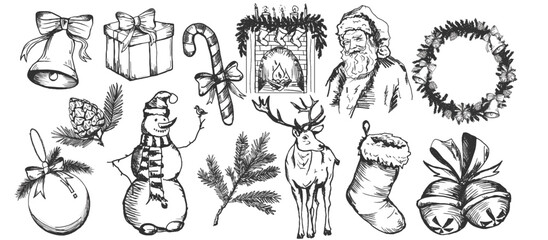 Vector freehand vintage Christmas doodles set. Texture of writing materials. Handwritten christmases doodles and pencil strokes. 