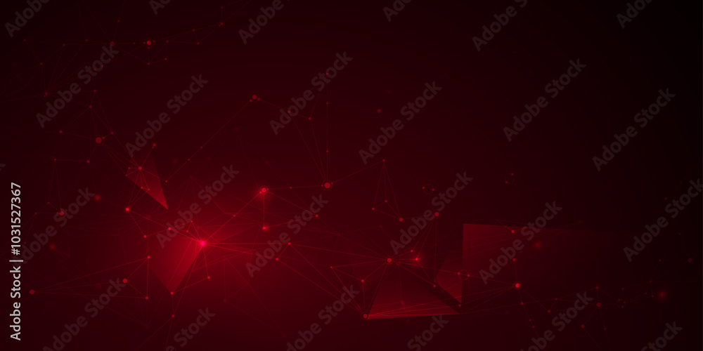 Fototapete Vector molecule. Abstract internet network connection design for web site. Digital data, communication, science and futuristic concept. Network Connected lines with dots, technology on red background