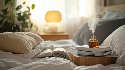 Relaxing Bedroom Interior with Essential Oil Diffuser, Books, and Natural Light.