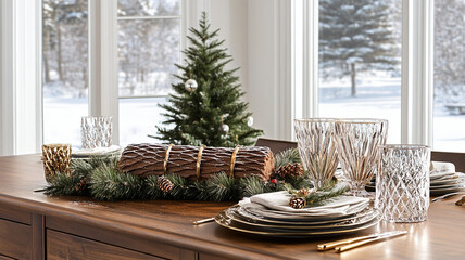 festive Christmas table setting with Yule log and small tree