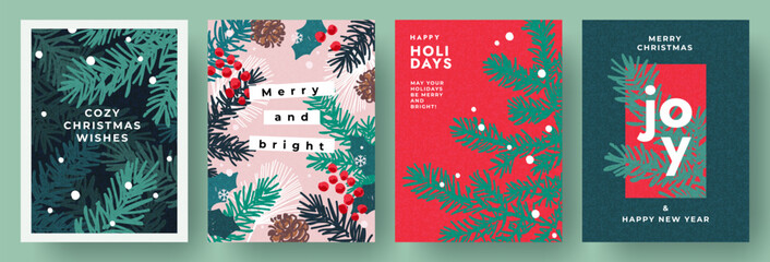 Merry Christmas and Happy New Year greeting card Set. Modern beautiful Xmas design with typography, Christmas tree branches, winter plant, snowflake pattern. Minimal art banner, poster, cover template