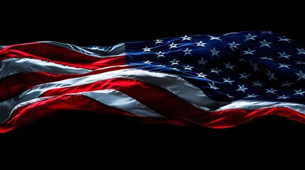 A powerful close-up of the American flag blowing gently in the wind, contrasted against a shadowy dark background, with vibrant red, white, and blue