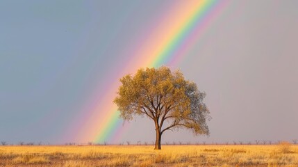 Serene Tree Under Vibrant Rainbow Sky