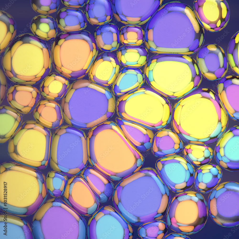 Poster digital illustration of metallic mirrored organic shapes. 3d rendering