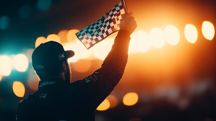 A racing car champion holding a checkered flag, standing triumphantly on the podium, with bright lights and roaring fans in the background