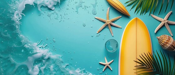 Surfboards and green tropical leaves with a straw hat and sunglasses on a vibrant color background. Background image of top view of surfing board and ocean element. Summer vacation and beach. AIG55.