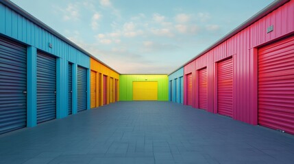 Obraz premium Colorful storage units representing climate controlled storage solutions. Facility with rental space
