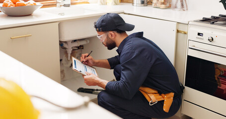 Plumber, house and handyman with checklist, maintenance and service with expert. Employee,...