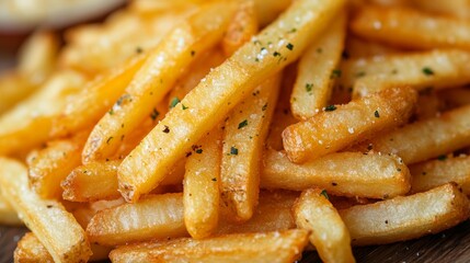 Irresistible Crispy Golden French Fries Deliciously Seasoned Snack with Herbs and Ketchup - Perfectly Cooked Comfort Food Photography