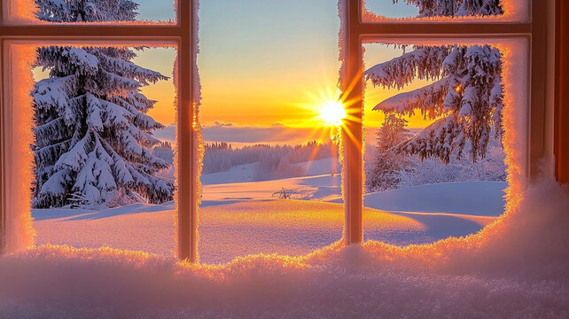 beautiful winter scene with frosty window showcasing stunning sunrise