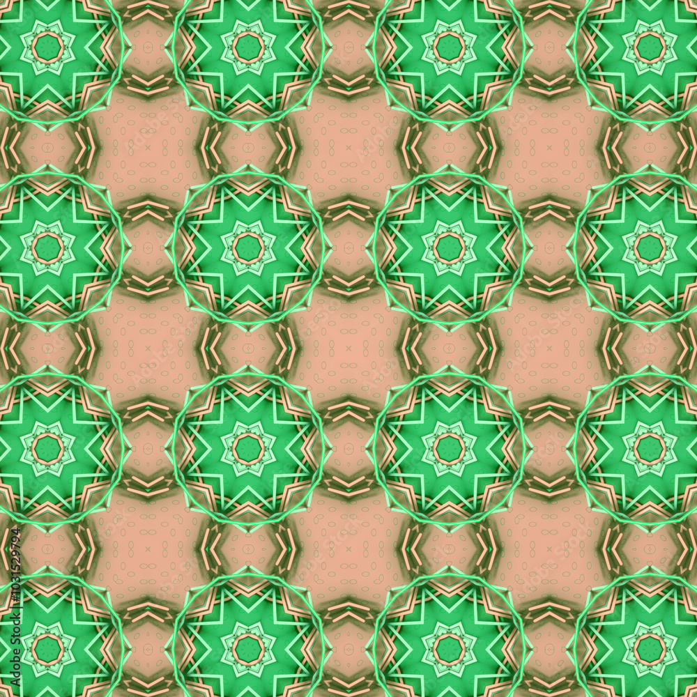 Poster Green-orange repeating kaleidoscopic pattern of multicolored sticks and lines. 3d rendering illustration