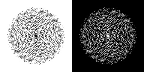 Abstract background with abstract line pattern in circles. Spiral art design as a logo or icon. A black figure on a white background and the same white figure on a black side. Mandala design with line