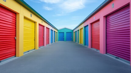 Obraz premium Colorful storage units representing climate controlled storage solutions. Facility with rental space