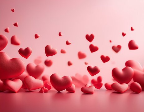 Un fondo suave de color rosa pastel con corazones rojos flotando y dispers&aacute;ndose, algunos m&aacute;s n&iacute;tidos y otros desenfocados para dar una sensaci&oacute;n de profundidad.
