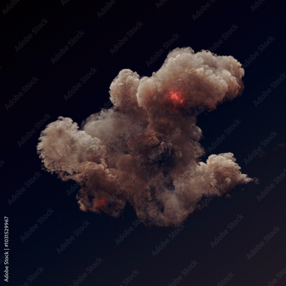 Poster digital illustration of a large explosion with bright tongues of flame and dark billowing smoke. 3d 