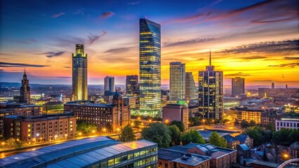 Silhouette Manchester skyline at twilight with illuminated skyscraper